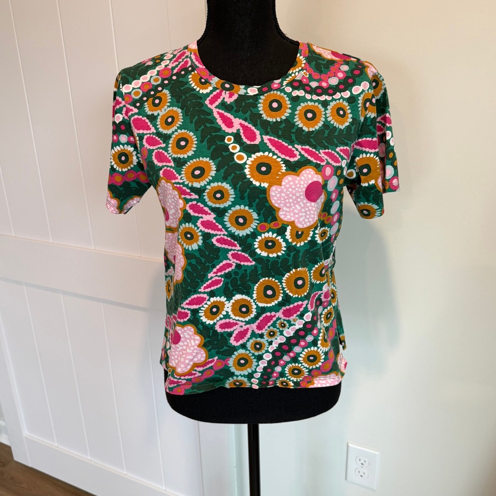 Weekend Max Mara Floral Print Cotton T-Shirt Green Pink Small P3.WEK.TSH.02U